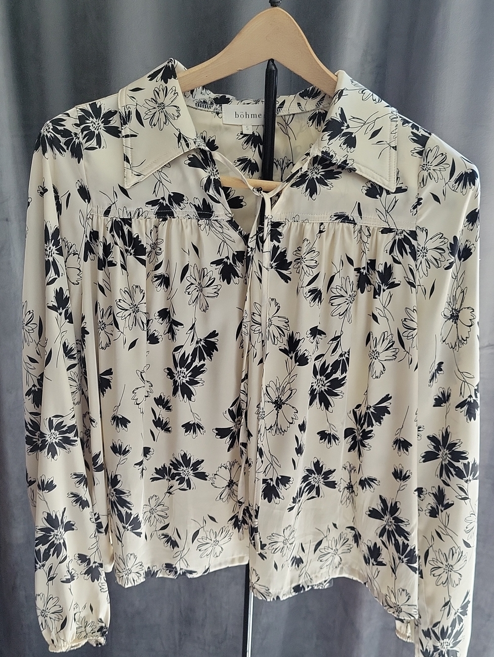 bohme Cream and Black Floral Tie-Neck Blouse